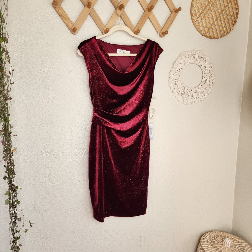 Eliza J Velvet Sparkle Cowl Neck Sheath Knee-Length Dress In Burgundy Size 4 NWT